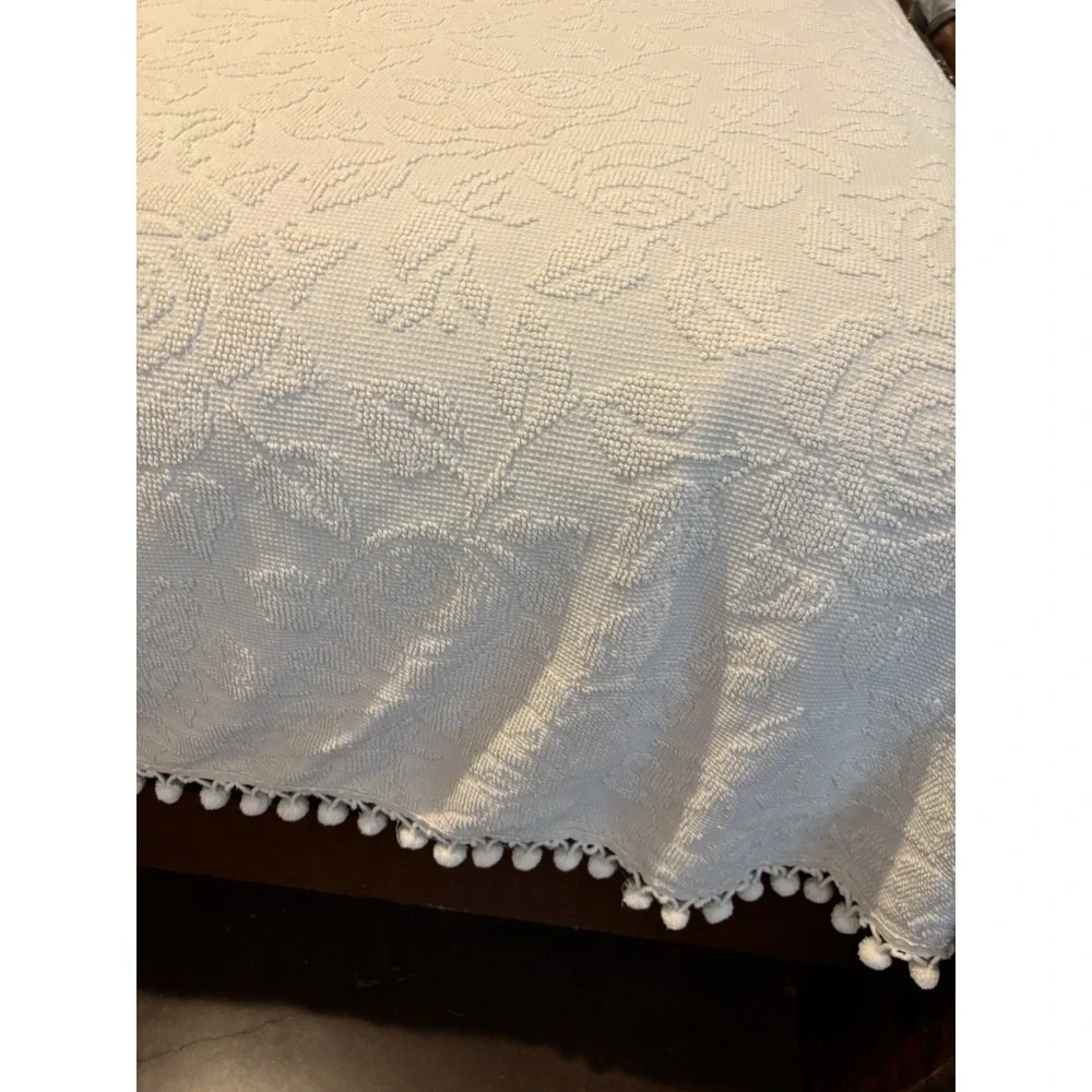 Vintage White Ivory Chenille Bedspread Queen S Raised Rose Floral Pom Pom Fringe